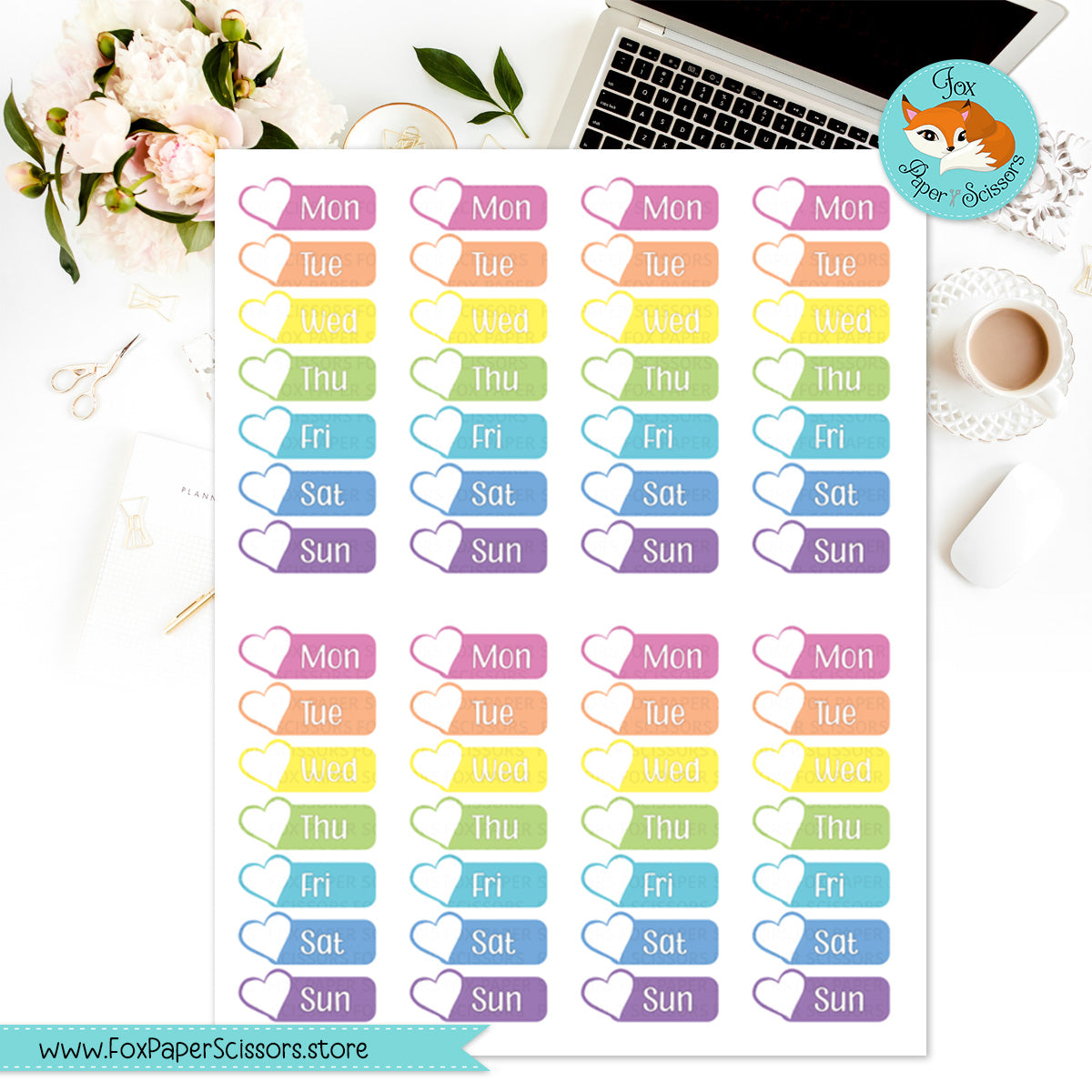 Neon Pastel Rainbow (Hearts) | Days of the Week Printable Planner Stickers