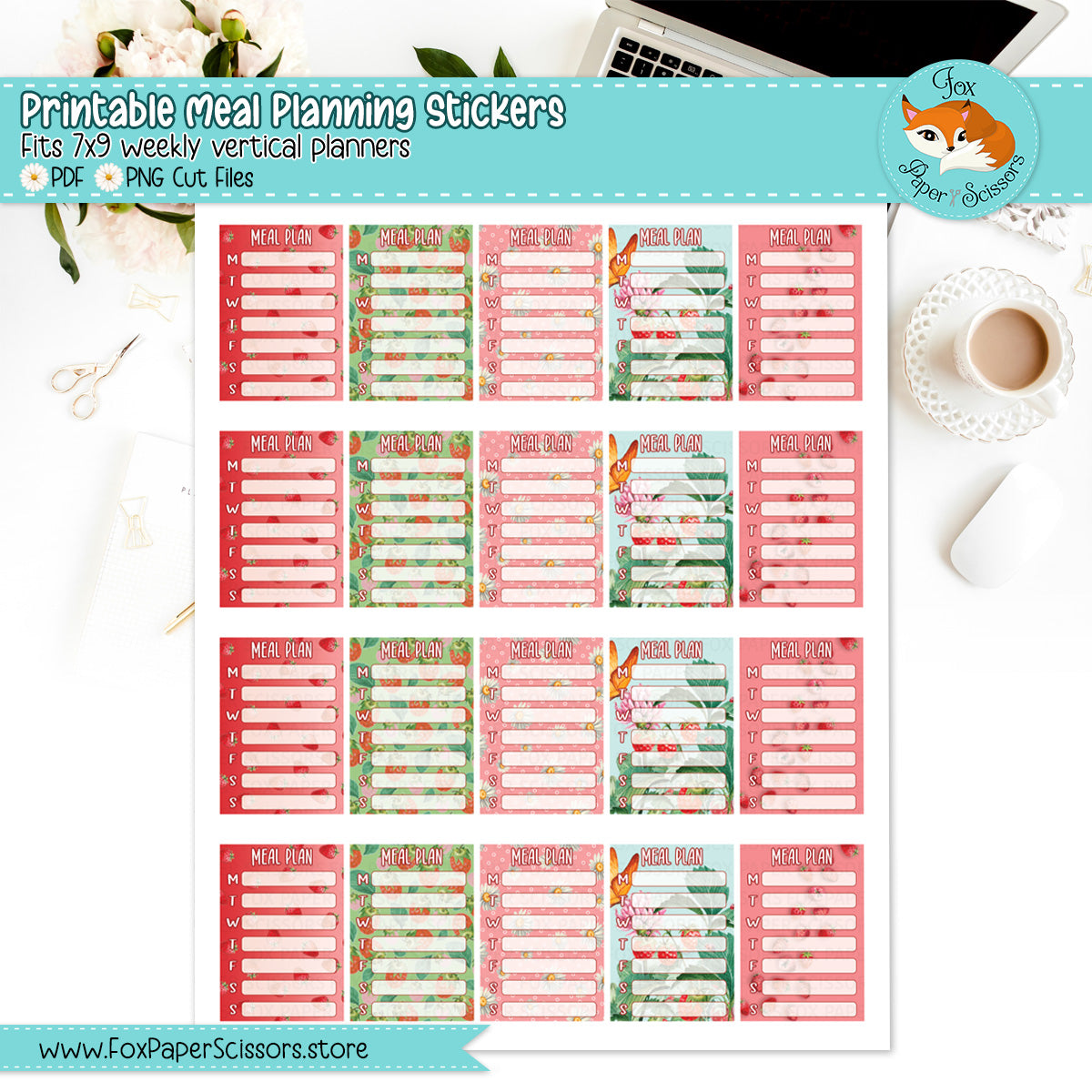 Strawberry | Printable Meal Planner Stickers 7x9 VL