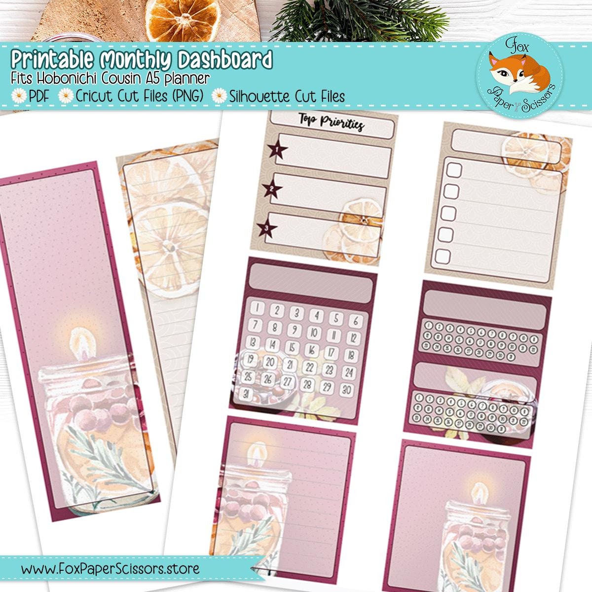 printable monthly dashboard,monthly dashboard,printable,sticker,planner, dashboard,hobonichi, cousin,a5,techo, digital,download,cricut,silhouette,print and cut,fall,autumn,harvest,wine,mulled, mulling,spice,burgundy,winter,september,october,november