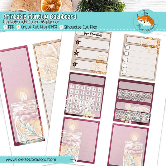 printable monthly dashboard,monthly dashboard,printable,sticker,planner, dashboard,hobonichi, cousin,a5,techo, digital,download,cricut,silhouette,print and cut,fall,autumn,harvest,wine,mulled, mulling,spice,burgundy,winter,september,october,november