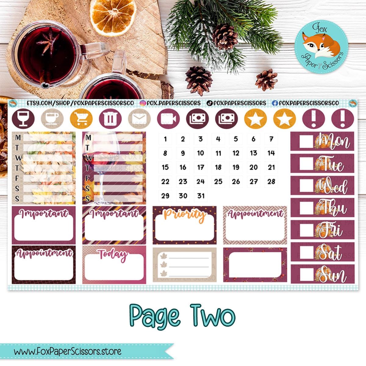 Weekly Planner Sticker Kit | Erin Condren, Happy Planner, Plum Paper, Bloom, Recollections | 7x9 Vertical Weekly Kit | Mulled Wine