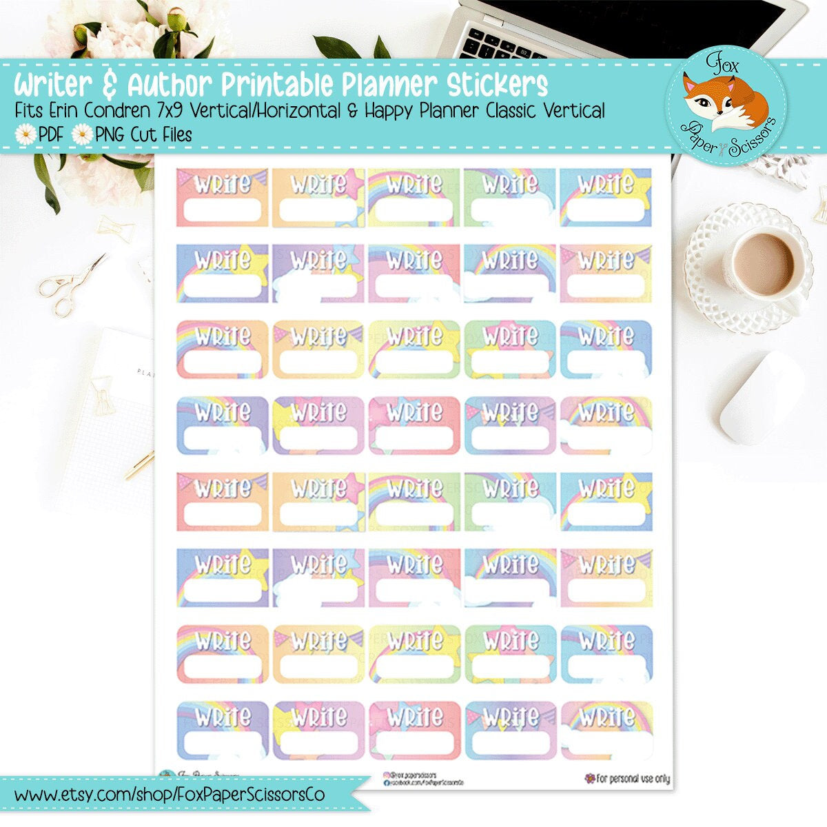 Neon Pastel Rainbow | Printable Writer Task Stickers
