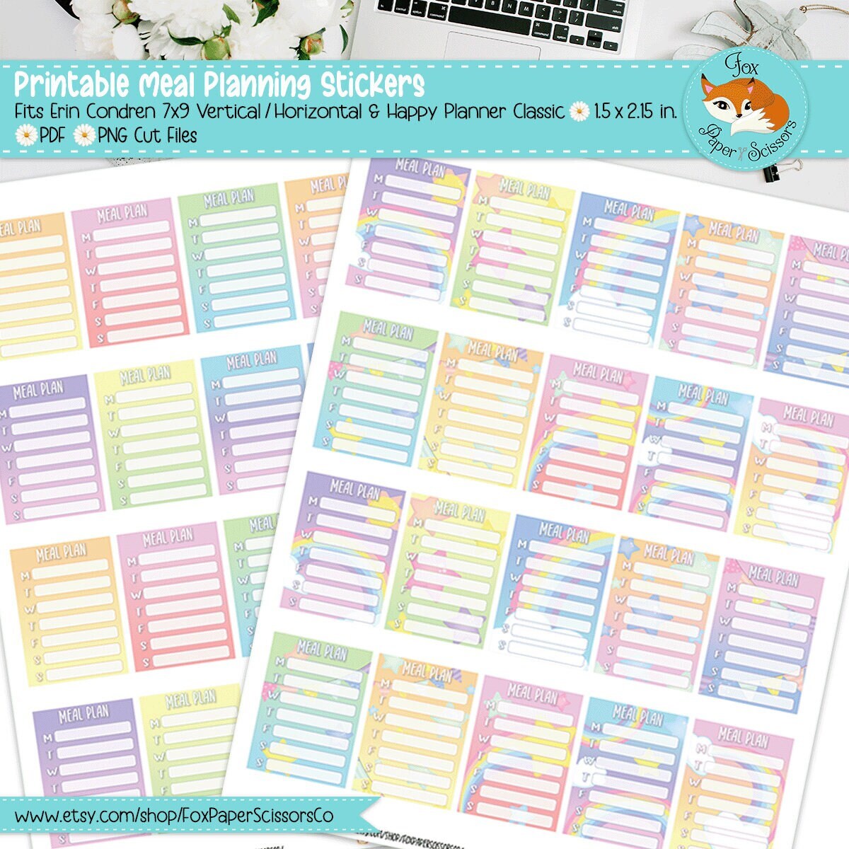 Neon Pastel Rainbow | Printable Meal Planner Stickers 7x9 VL