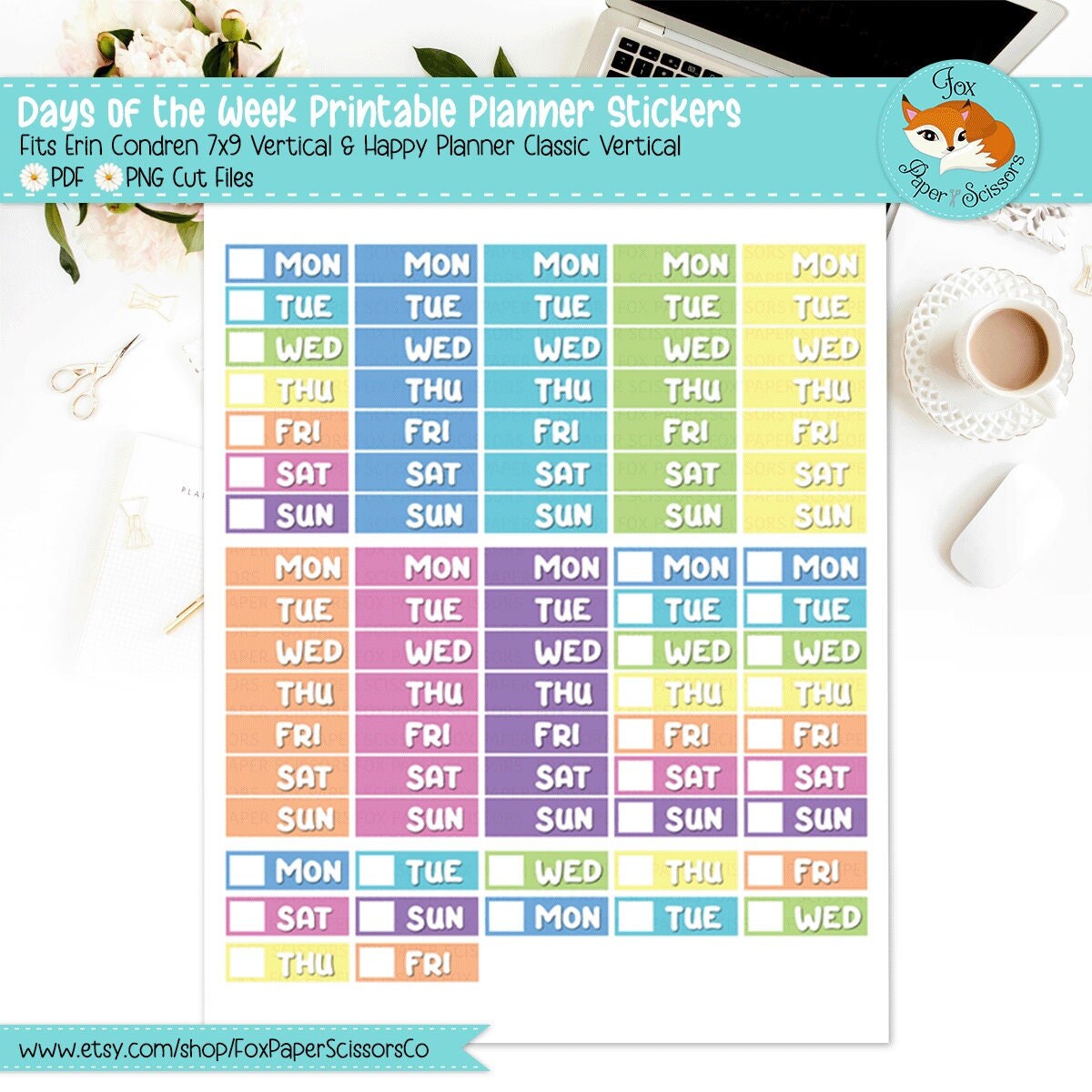 Neon Pastel Rainbow | Days of the Week Printable Planner Stickers
