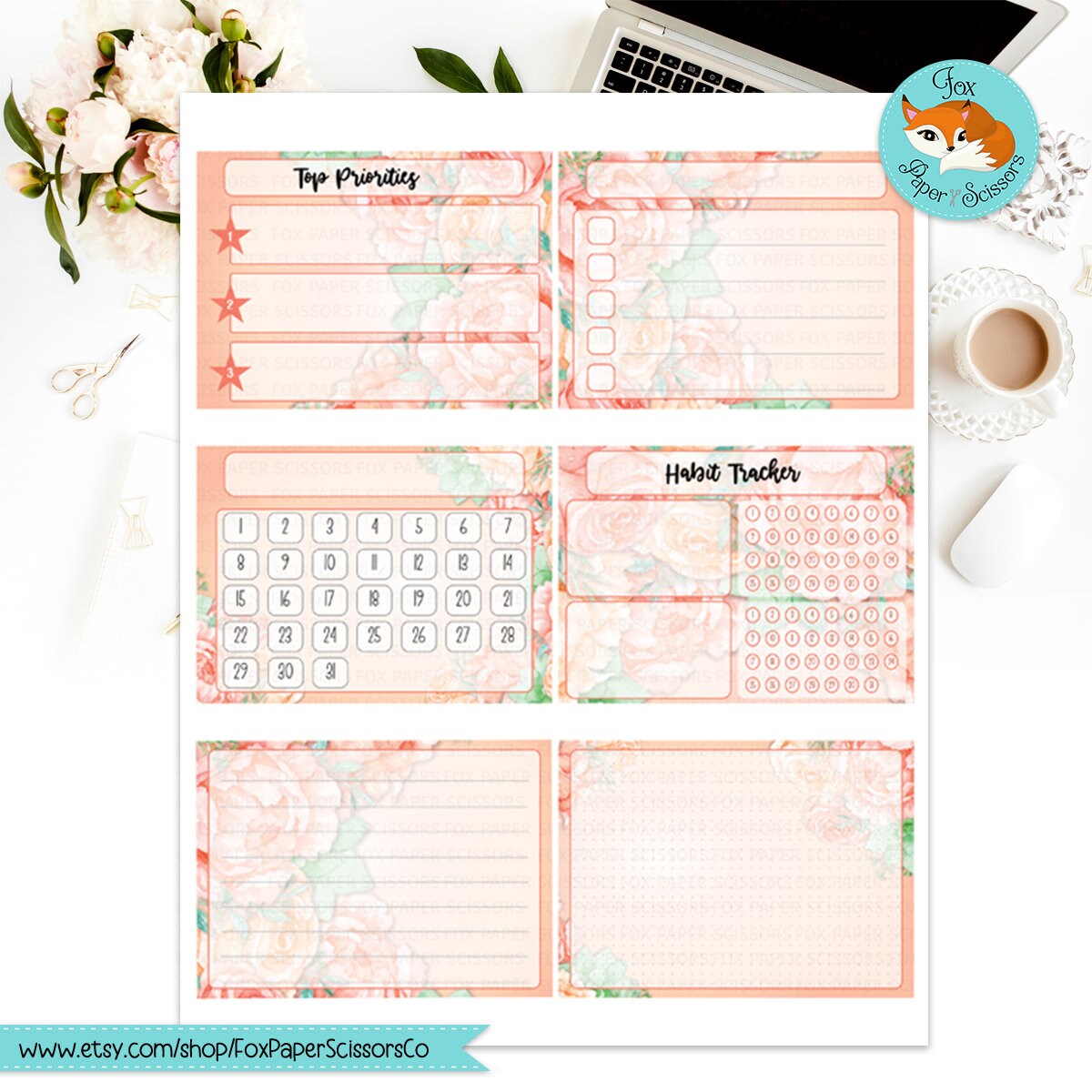 Peach Flowers | HP Printable Monthly Dashboard