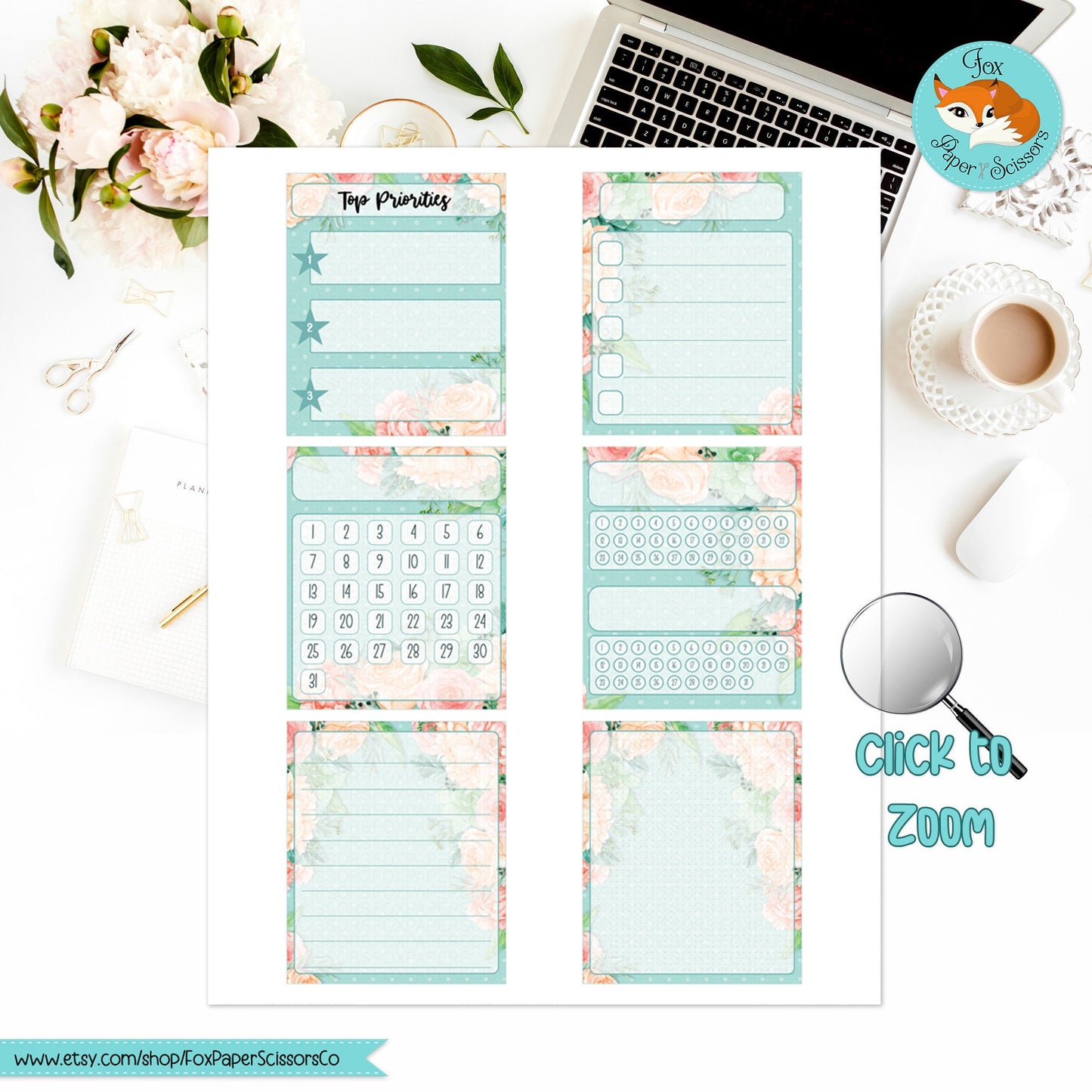 Aqua Flowers | Hobonichi Printable Monthly Dashboard