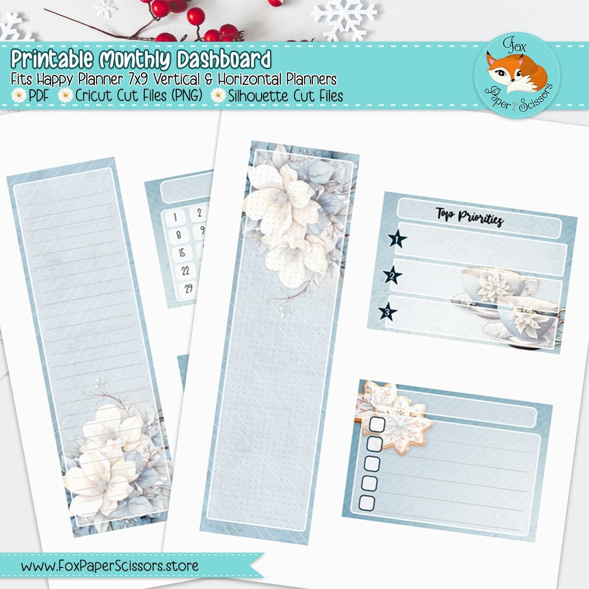 printable monthly dashboard,planner dashboard, monthly dashboard,dashboard, sticker,happy planner,hp, digital,printable,download, cricut,print and cut,vertical, layout,7x9,winter,december, january,snow,tea,teacup, february, flower,floral,white, blue