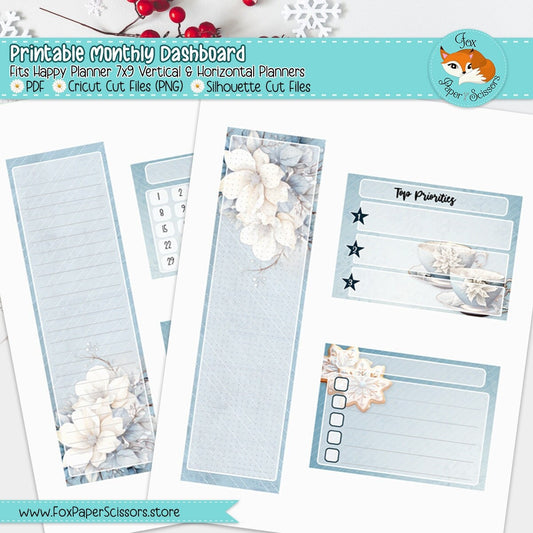 printable monthly dashboard,planner dashboard, monthly dashboard,dashboard, sticker,happy planner,hp, digital,printable,download, cricut,print and cut,vertical, layout,7x9,winter,december, january,snow,tea,teacup, february, flower,floral,white, blue