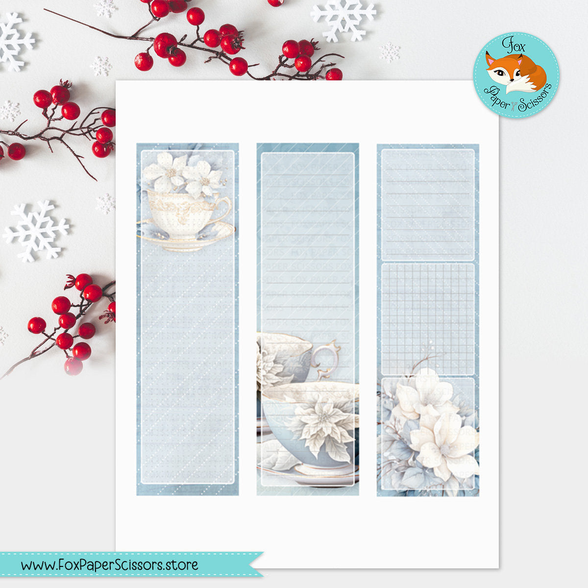 printable monthly dashboard,monthly dashboard,printable,sticker,planner, dashboard,hobonichi, cousin,a5,techo, digital,download,cricut,silhouette,print and cut,winter, december,january,snow,tea,teacup,february,flower,floral,white, blue,frost,frozen