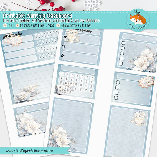 printable monthly dashboard, planner dashboard,monthly dashboard,dashboard, planner,sticker,erin condren,ec,ecvl, digital,download,cricut,print and cut, vertical,layout,7x9,winter,december, january,snow,tea,teacup, february, flower,floral,white, blue