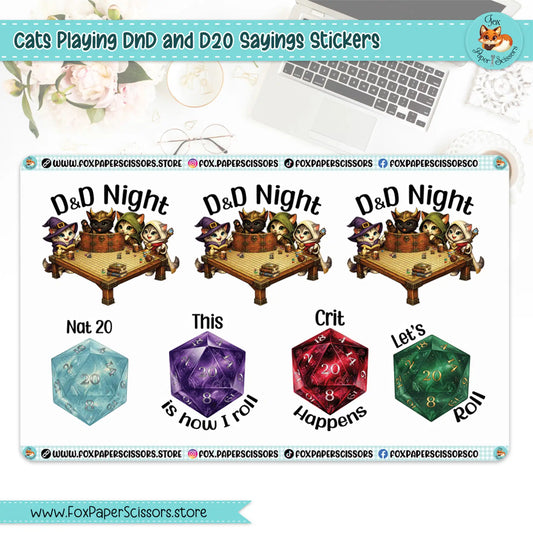Cats Playing D&D and D20 Sayings Stickers