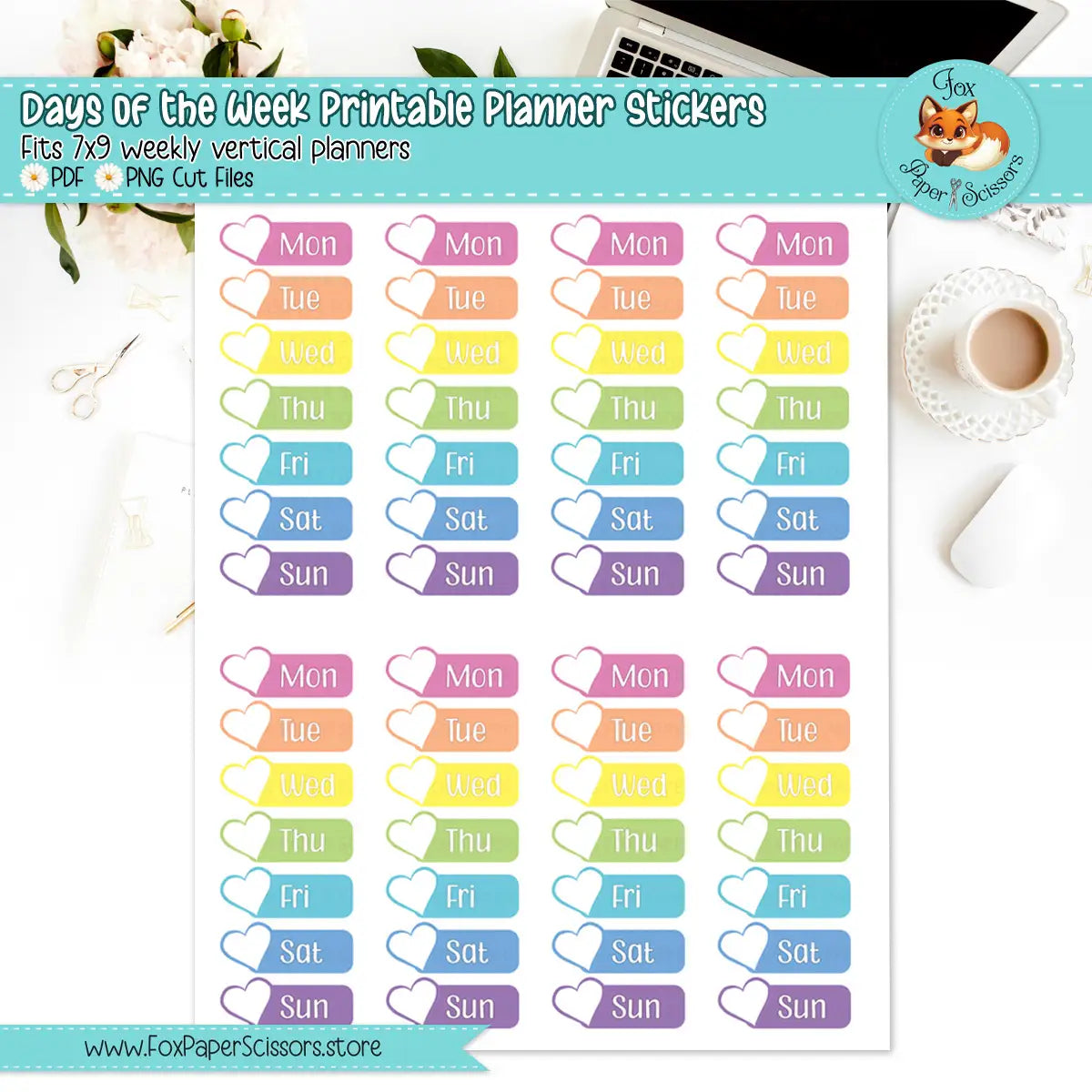 Neon Pastel Rainbow (Hearts) | Days of the Week Printable Planner Stickers