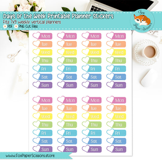 Neon Pastel Rainbow (Hearts) | Days of the Week Printable Planner Stickers