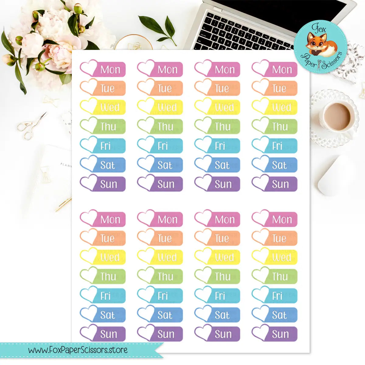 Neon Pastel Rainbow (Hearts) | Days of the Week Printable Planner Stickers