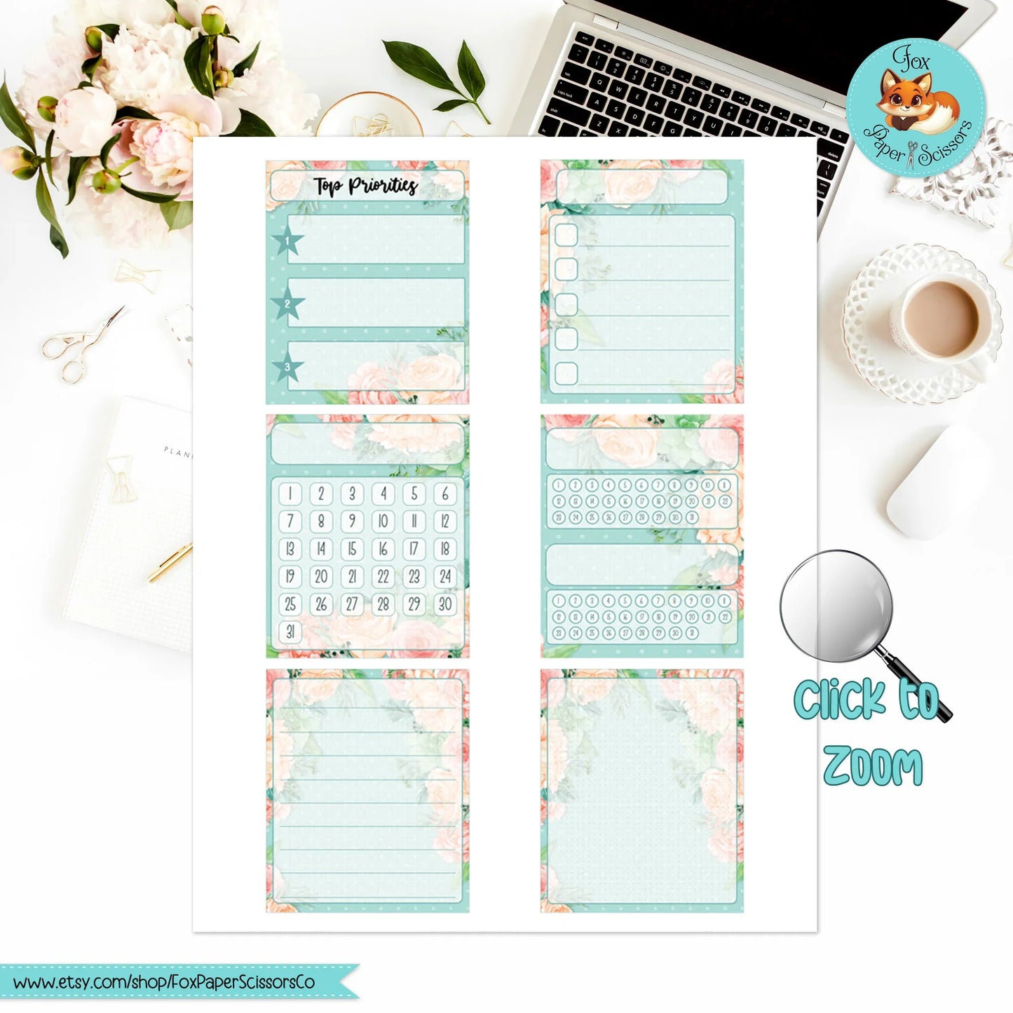 Aqua Flowers | Hobonichi Printable Monthly Dashboard