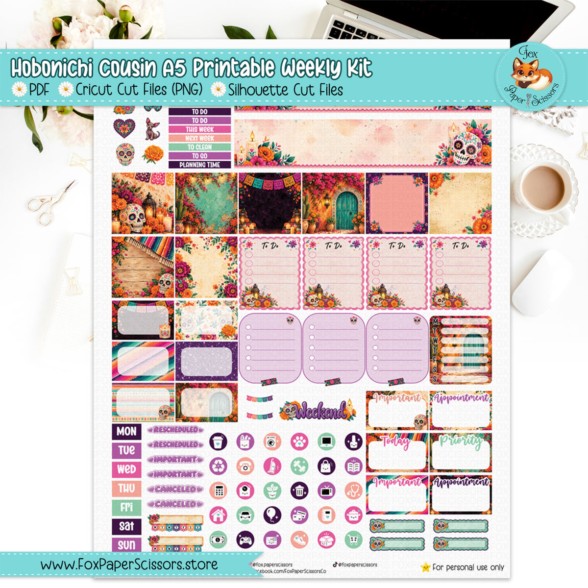 Dia de los Muertos | Day of the Dead | Hobonichi Cousin Printable Weekly Kit