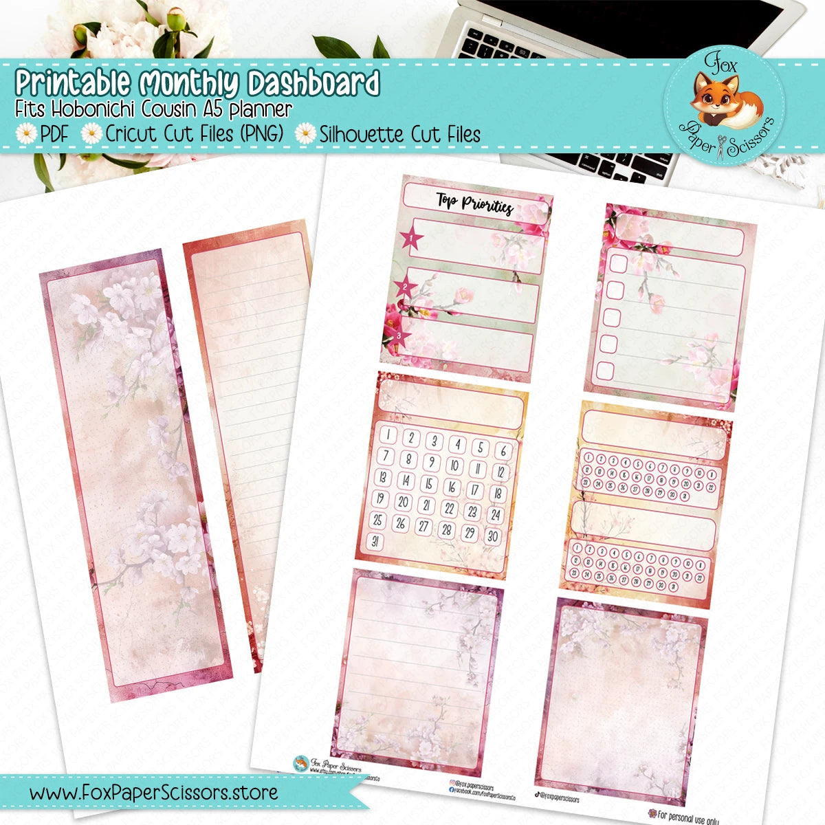 Sakura Garden | Hobonichi Cousin Printable Monthly Dashboard