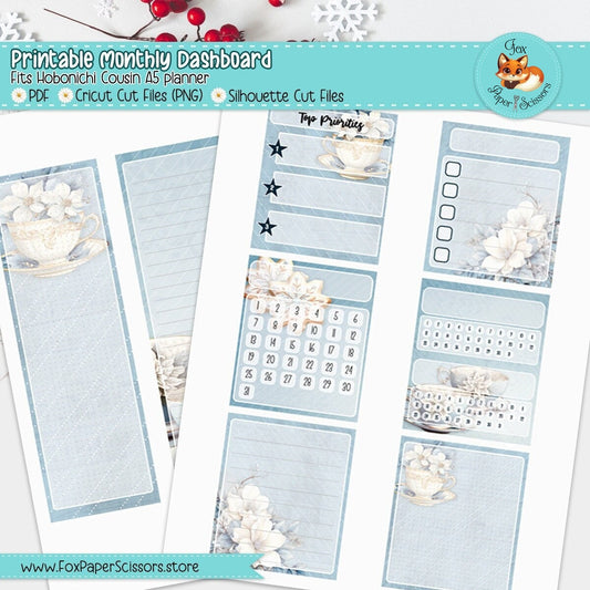 Winter Blossoms & Tea | Hobonichi Cousin Printable Monthly Dashboard