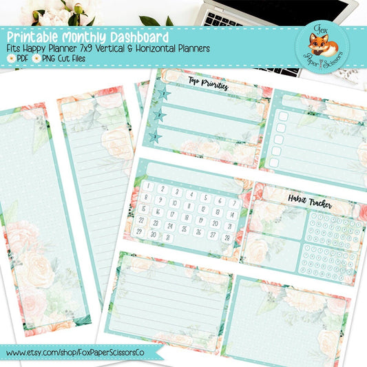 Aqua Flowers | HP Printable Monthly Dashboard