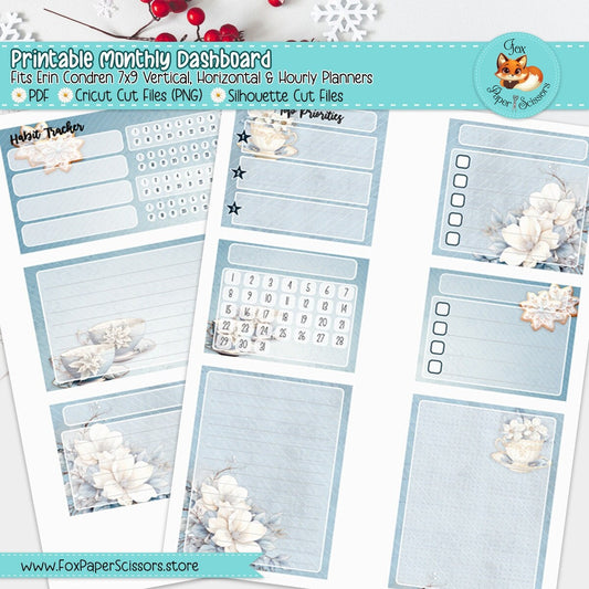Winter Blossoms & Tea | Erin Condren Printable Monthly Dashboard