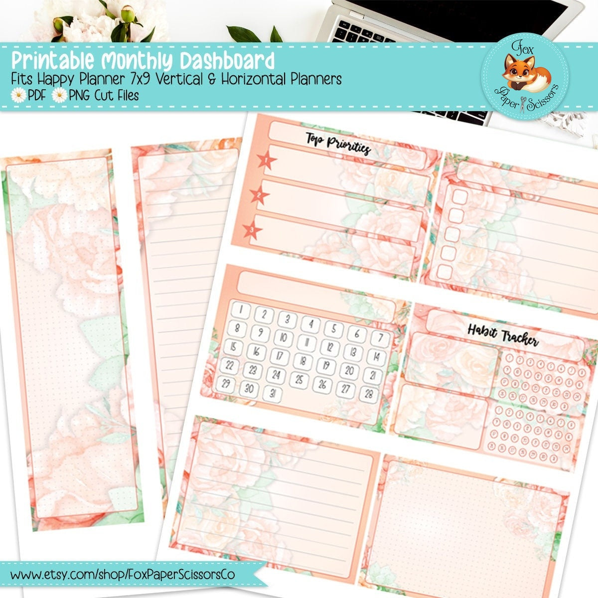 Peach Flowers | HP Printable Monthly Dashboard