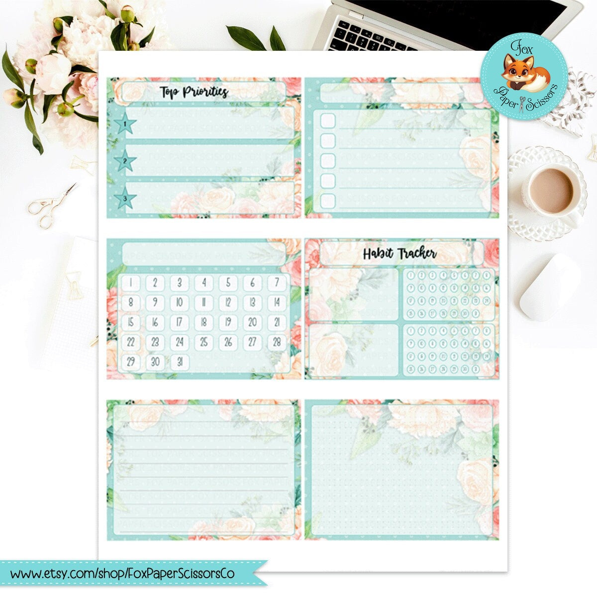 Aqua Flowers | HP Printable Monthly Dashboard