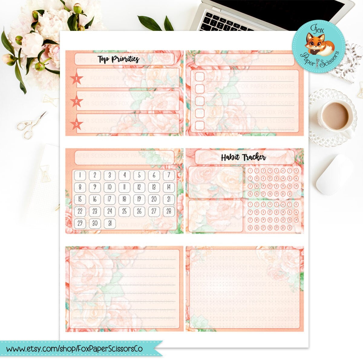 Peach Flowers | HP Printable Monthly Dashboard