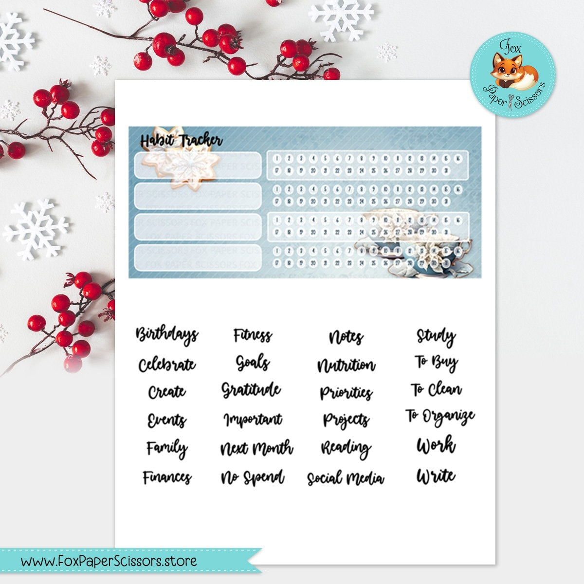 Winter Blossoms & Tea | Erin Condren Printable Monthly Dashboard
