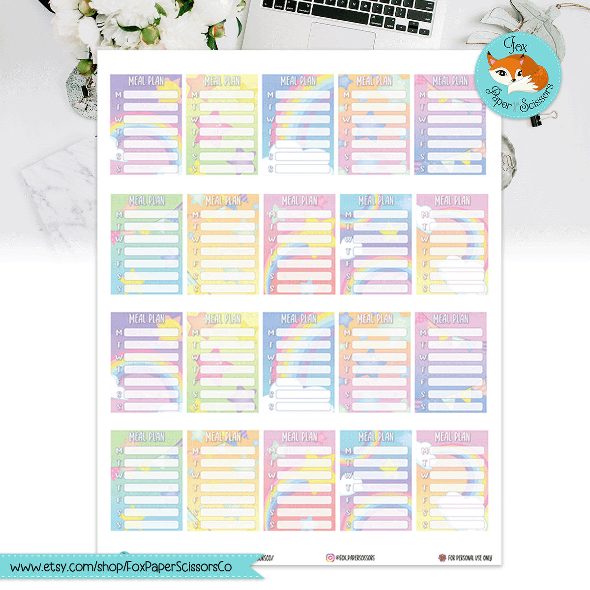 Neon Pastel Rainbow | Printable Meal Planner Stickers 7x9 VL
