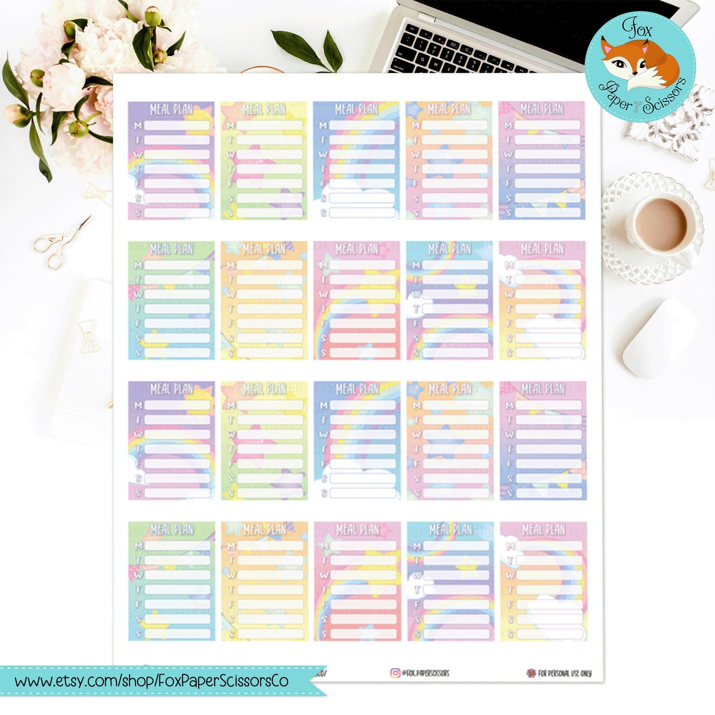 Neon Pastel Rainbow | Printable Meal Planner Stickers 7x9 VL