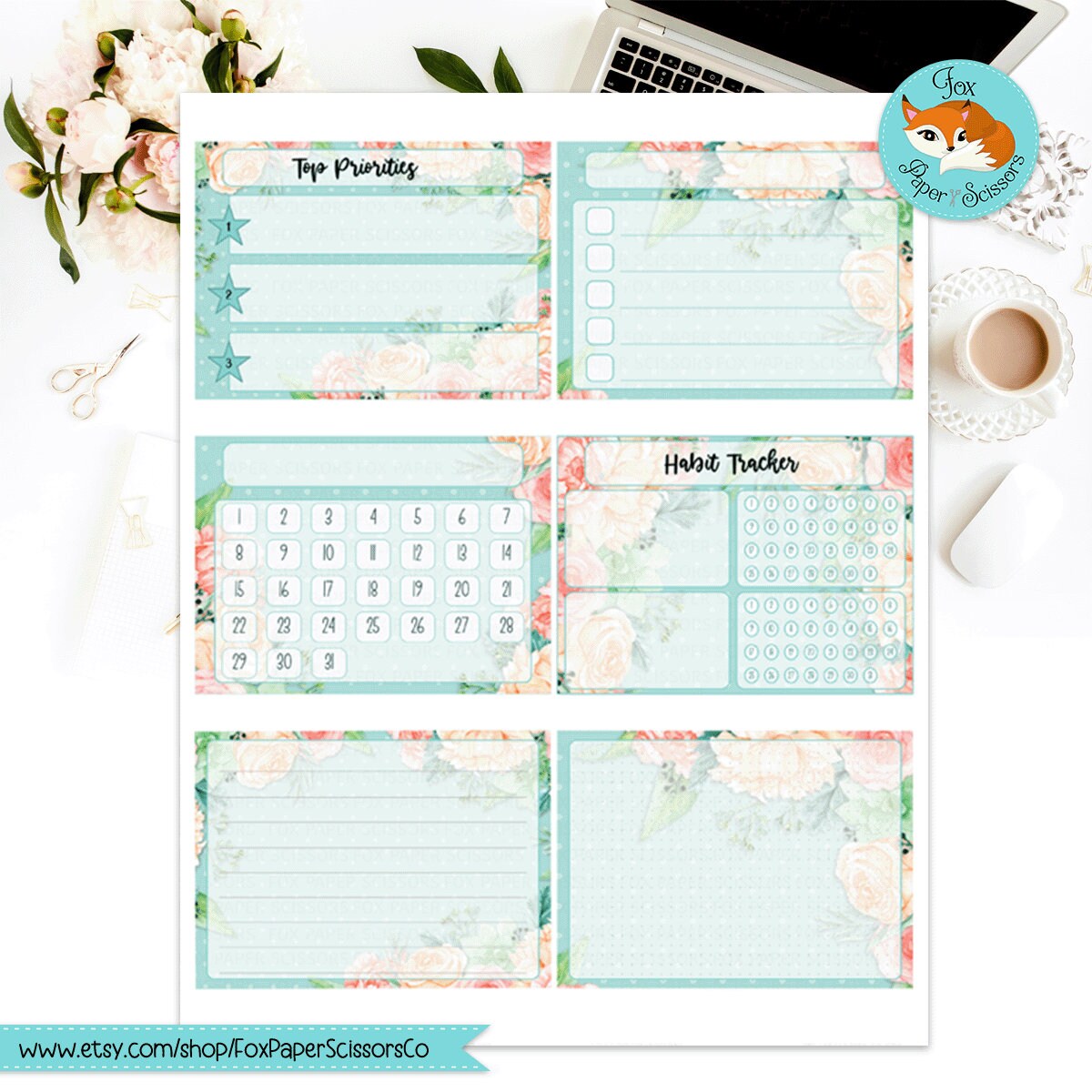 Aqua Flowers | HP Printable Monthly Dashboard