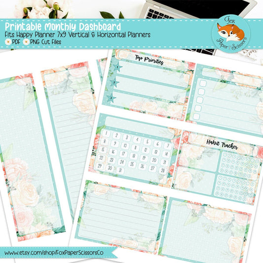 Aqua Flowers | HP Printable Monthly Dashboard