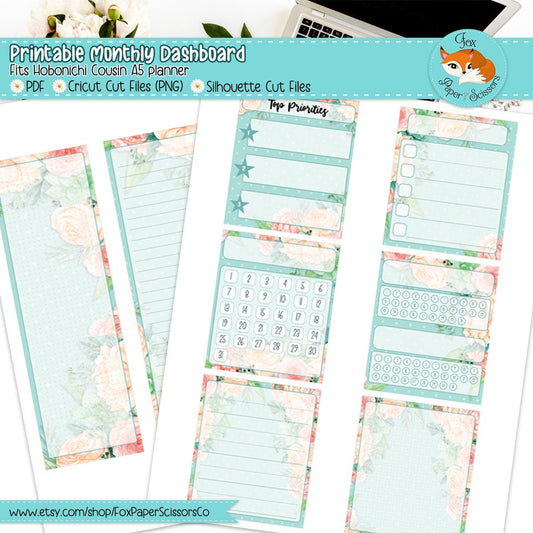 Aqua Flowers | Hobonichi Printable Monthly Dashboard