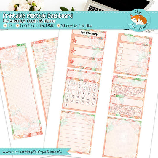 Peach Flowers | Hobonichi Printable Monthly Dashboard