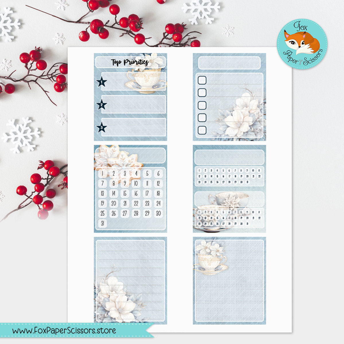 printable monthly dashboard,monthly dashboard,printable,sticker,planner, dashboard,hobonichi, cousin,a5,techo, digital,download,cricut,silhouette,print and cut,winter, december,january,snow,tea,teacup,february,flower,floral,white, blue,frost,frozen