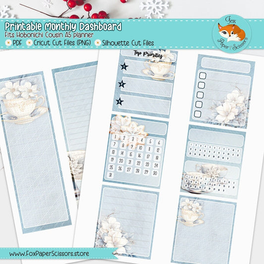printable monthly dashboard,monthly dashboard,printable,sticker,planner, dashboard,hobonichi, cousin,a5,techo, digital,download,cricut,silhouette,print and cut,winter, december,january,snow,tea,teacup,february,flower,floral,white, blue,frost,frozen