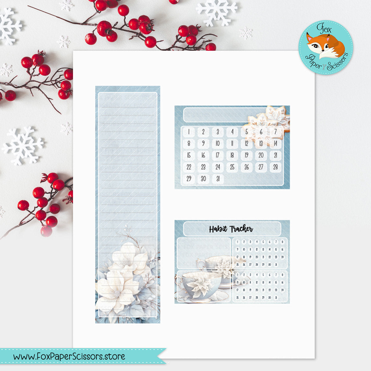 printable monthly dashboard,planner dashboard, monthly dashboard,dashboard, sticker,happy planner,hp, digital,printable,download, cricut,print and cut,vertical, layout,7x9,winter,december, january,snow,tea,teacup, february, flower,floral,white, blue