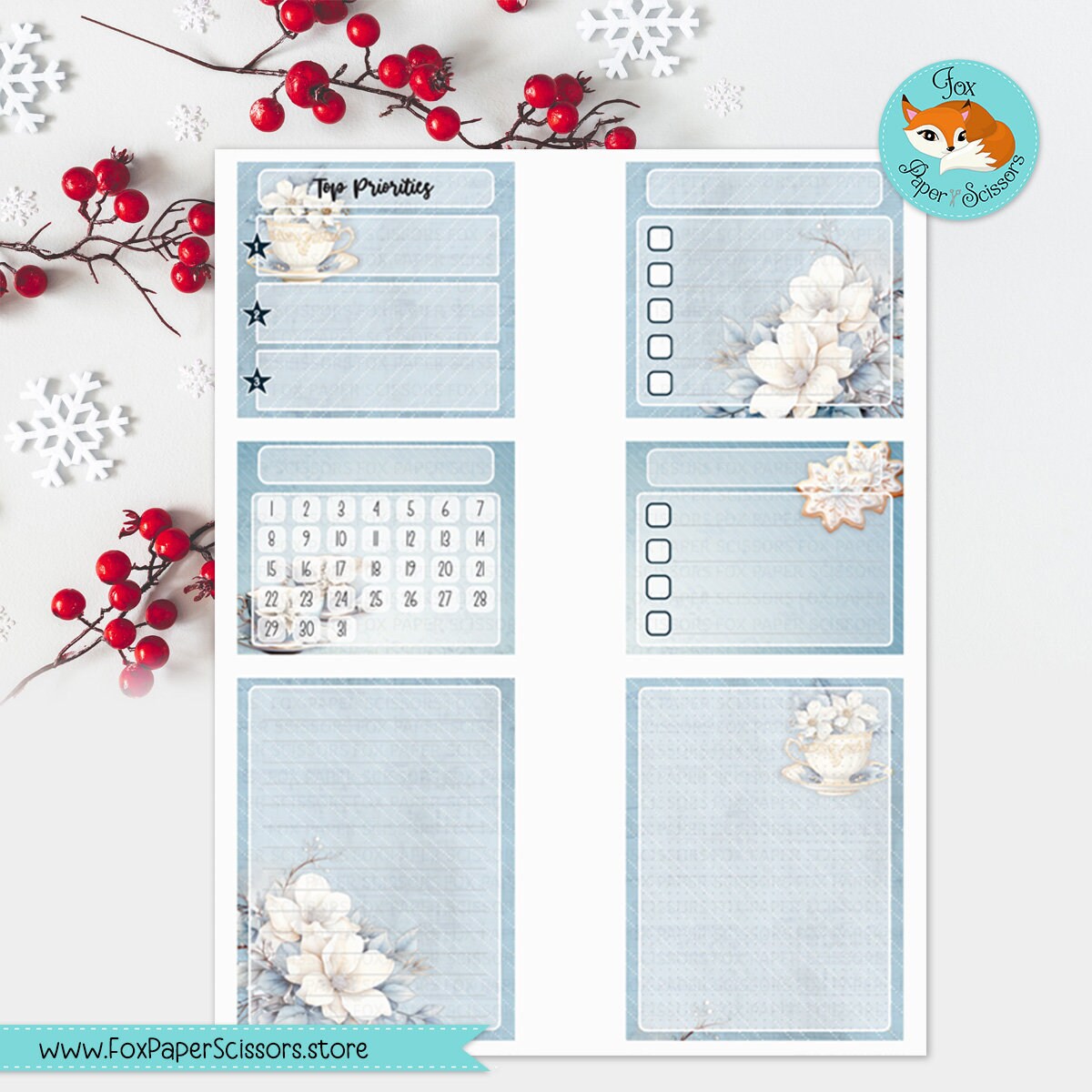 printable monthly dashboard, planner dashboard,monthly dashboard,dashboard, planner,sticker,erin condren,ec,ecvl, digital,download,cricut,print and cut, vertical,layout,7x9,winter,december, january,snow,tea,teacup, february, flower,floral,white, blue